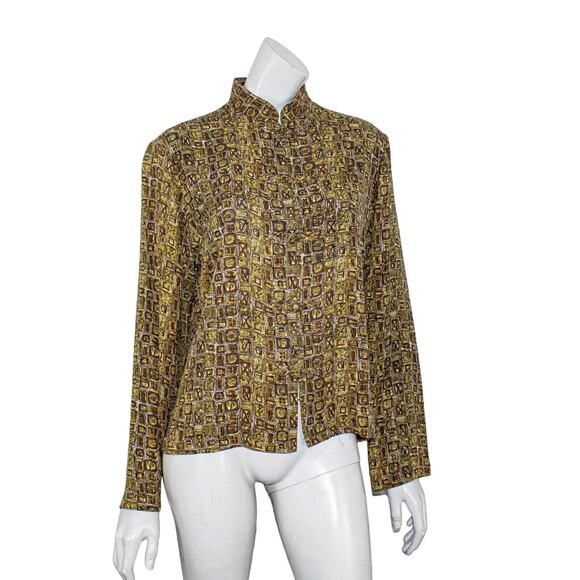 HARARI Silk Mandarin Blouse knot buttons Brown print Size Large - Picture 1 of 8